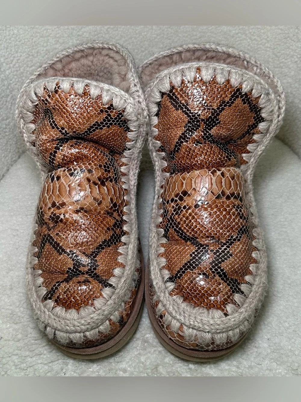 MOU Eskimo 18 Snake Python Print Shearling Ankle Boots Tan Cream Brown Winter 9
